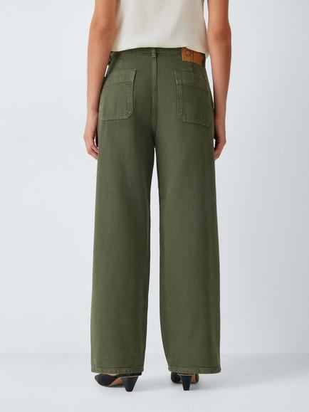 John Lewis Mid Rise Pleat Barrel Leg Jeans, Khaki - view 2, Khaki