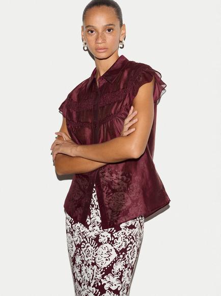 Jigsaw Smocking Ruffle Blouse, Burgundy, Burgundy