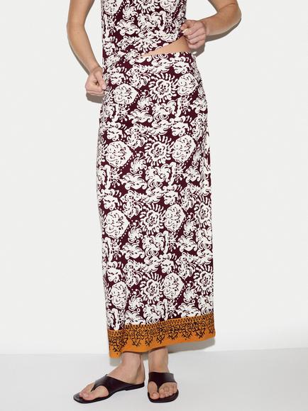 Jigsaw Batik Abstract Floral Midi Skirt, Burgundy, Burgundy