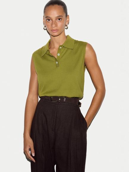 Jigsaw Cotton Sleeveless Polo Top, Green, Green