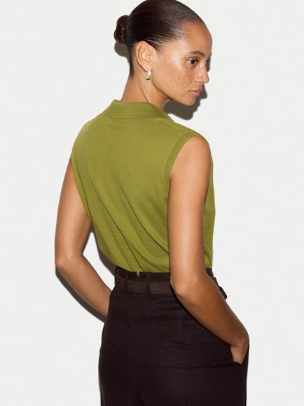 Jigsaw Cotton Sleeveless Polo Top, Green - view 2, Green