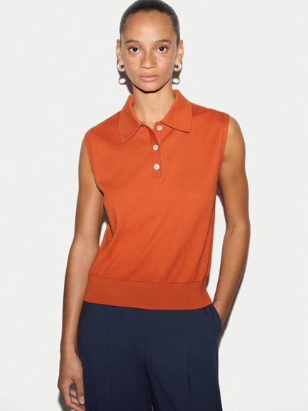 Jigsaw Cotton Sleeveless Polo Top, Orange, Orange