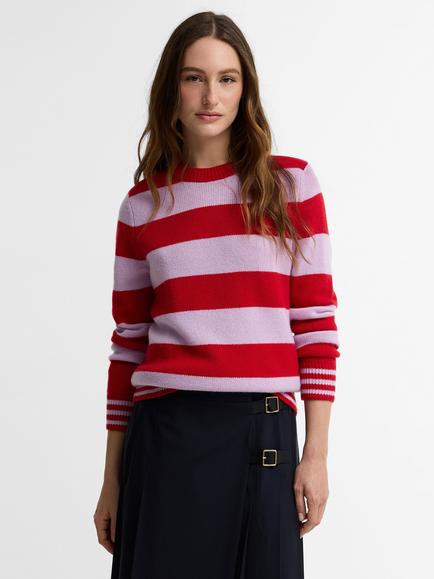 Barbour Woodhouse Striped Cashmere Blend Crew Neck Jumper, Crimson/Multi, Crimson Multi