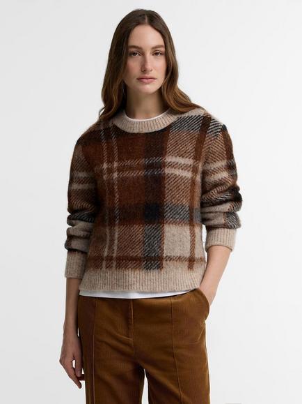 Barbour Glendyn Tartan Crew Neck Knit Jumper, Brown/Multi, Brown Multi