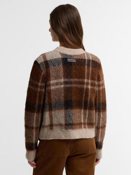 Barbour Glendyn Tartan Crew Neck Knit Jumper, Brown/Multi - view 2, Brown Multi
