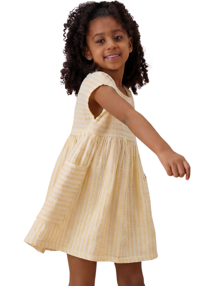 KIDLY by MORI Kids' Striped Cotton Dress, Mustard Stripe - view 2, Mustard Stripe