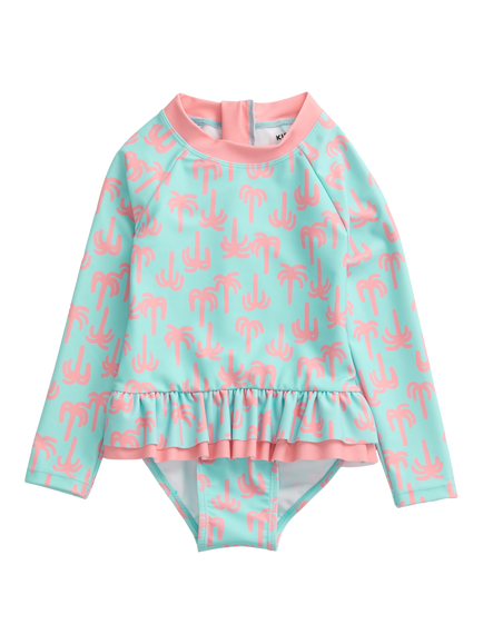 KIDLY by MORI Kids' Long Sleeve Palm Print Sunsafe Swimsuit, Turquiose/Pink, Turquiose/Pink