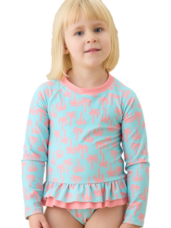 KIDLY by MORI Kids' Long Sleeve Palm Print Sunsafe Swimsuit, Turquiose/Pink - view 2, Turquiose/Pink