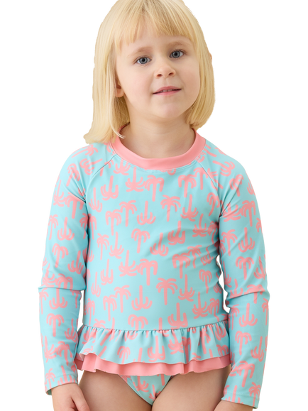 KIDLY by MORI Kids' Long Sleeve Palm Print Sunsafe Swimsuit, Turquiose/Pink - view 2, Turquiose/Pink
