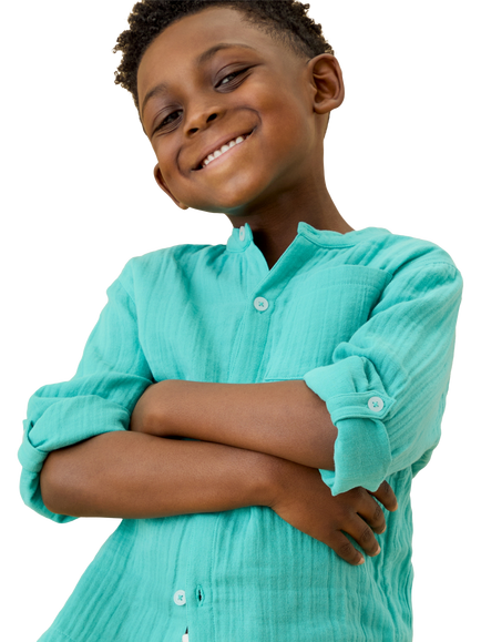 KIDLY by MORI Kids' Collarless Muslin Shirt, Green - view 2, Green