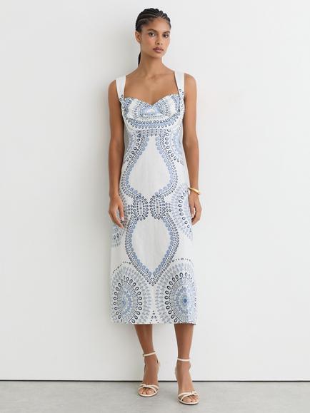 Reiss Addison Print A-Line Midi Dress, Ivory/Blue, Ivory/Blue