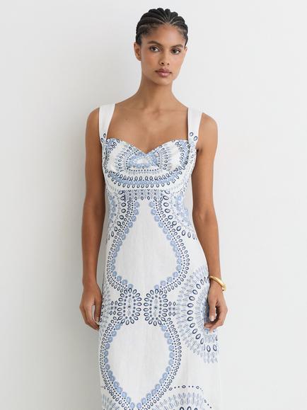 Reiss Addison Print A-Line Midi Dress, Ivory/Blue - view 2, Ivory/Blue