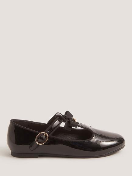 Monsoon Kids' Patent T-Bar Bow Ballet Flat Shoes, Black, Black