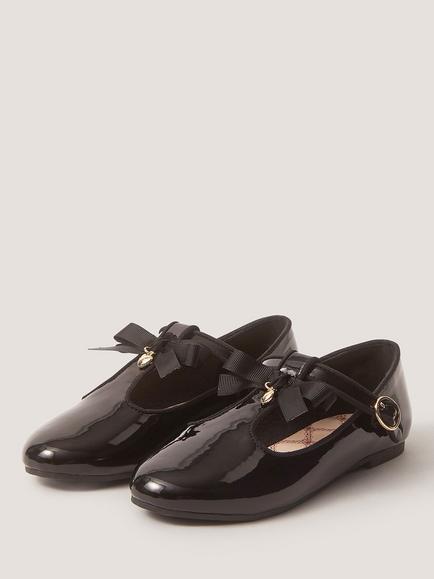 Monsoon Kids' Patent T-Bar Bow Ballet Flat Shoes, Black - view 2, Black