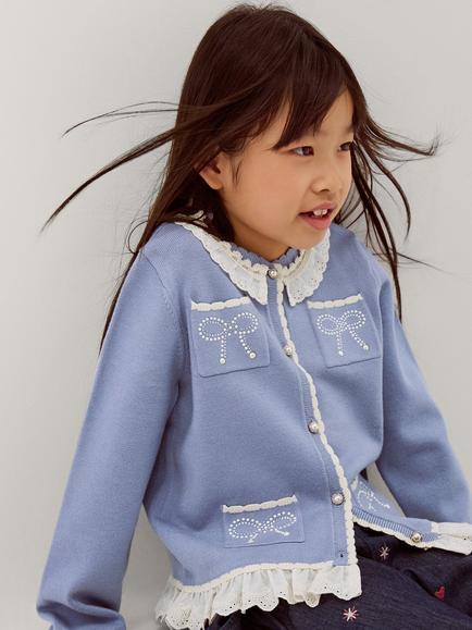 Monsoon Kids' Lacy Trim Bow Cardigan, Blue, Blue