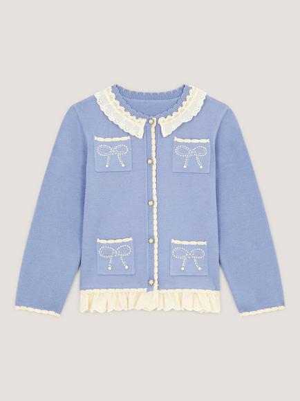 Monsoon Kids' Lacy Trim Bow Cardigan, Blue - view 2, Blue
