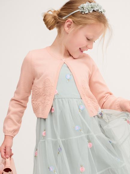 Monsoon Kids' Harper Lace Cardigan, Pink, Pink