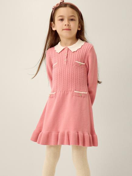 Monsoon Kids' Long Sleeve Cable Knit Dress, Pink, Pink