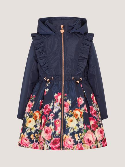 Monsoon Kids' Blurry Roses Frilly Coat, Navy, Navy