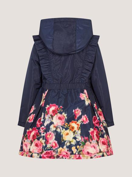 Monsoon Kids' Blurry Roses Frilly Coat, Navy - view 2, Navy