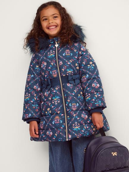 Monsoon Kids' Padded Trellis Floral Print Coat, Navy, Navy