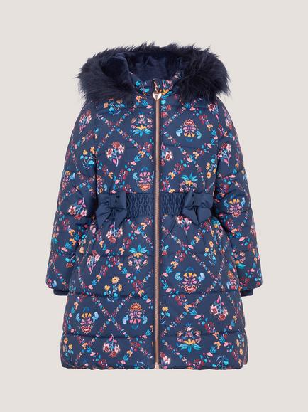 Monsoon Kids' Padded Trellis Floral Print Coat, Navy - view 2, Navy