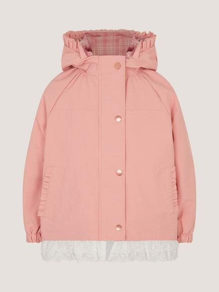 Monsoon Kids' Frilly Lace Hem Showerproof Anorak, Pink - view 2, Pink