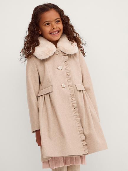 Monsoon Kids' Smart Frill Trim Faux Fur Collar Coat, Oatmeal, Oatmeal
