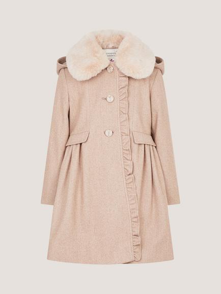 Monsoon Kids' Smart Frill Trim Faux Fur Collar Coat, Oatmeal - view 2, Oatmeal