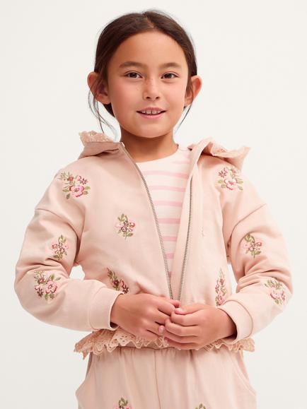 Monsoon Kids' Embroidered Floral Broderie Zip Hoodie, Pink, Pink