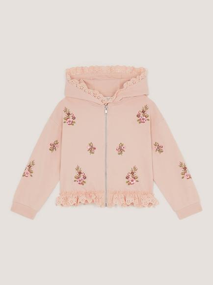 Monsoon Kids' Embroidered Floral Broderie Zip Hoodie, Pink - view 2, Pink