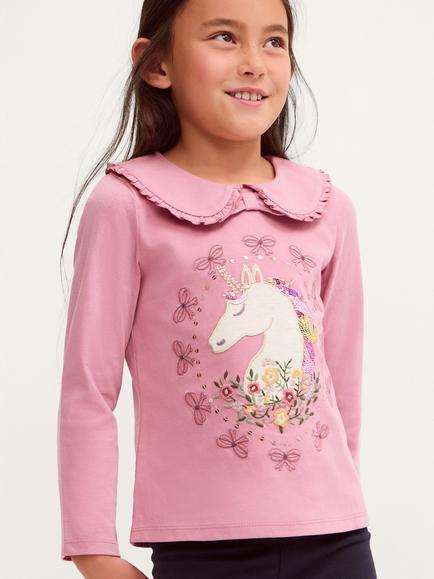 Monsoon Kids' Long Sleeve Unicorn Top, Pink, Pink