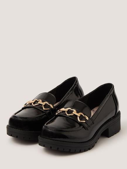 Monsoon Kids' Heart Charm Heeled Loafers, Black - view 2, Black