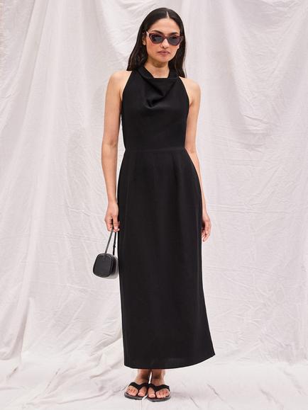 Ro&Zo Cowl Neck A-Line Midi Dress, Black, Black