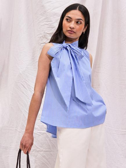 Ro&Zo Stripe Bow Detail Blouse, Blue, Blue