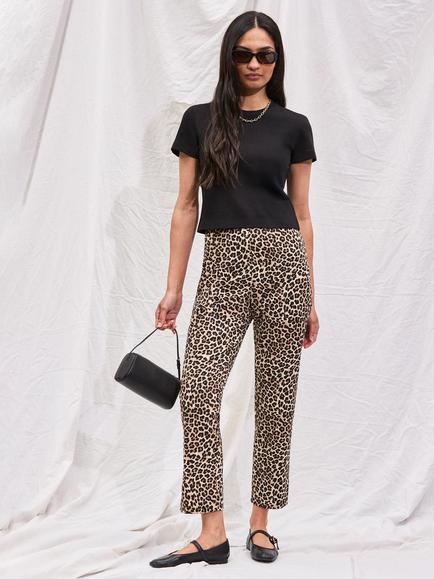Ro&Zo Cotton Rich Leopard Print Slim Fit Trousers, Brown, Brown