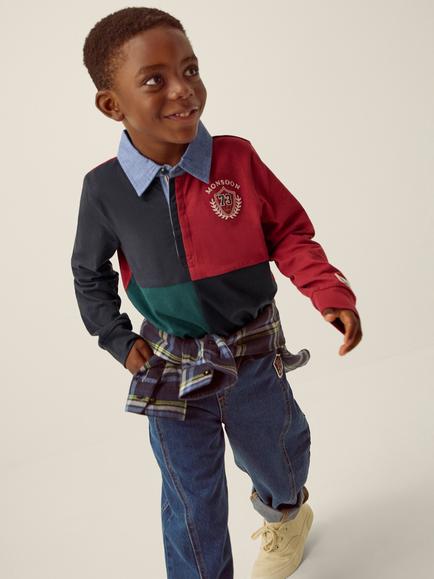 Monsoon Kids' Harlequin Colour-Block Polo Shirt, Multi, Multi
