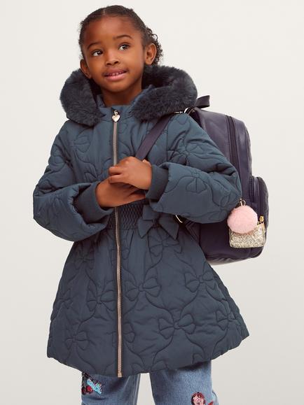 Monsoon Kids' Padded Quilted Bow Coat, Navy, Navy