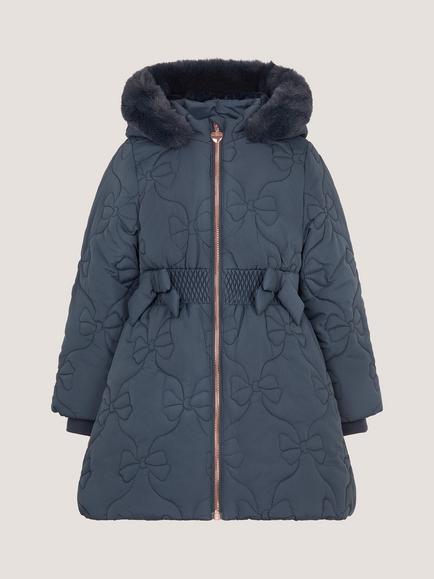 Monsoon Kids' Padded Quilted Bow Coat, Navy - view 2, Navy