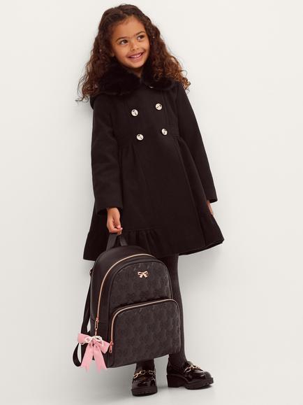 Monsoon Kids' Double Breasted Faux Fur Collar Coat, Black, Black