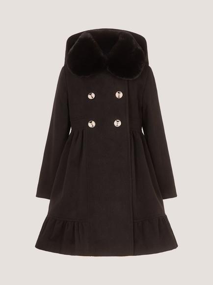 Monsoon Kids' Double Breasted Faux Fur Collar Coat, Black - view 2, Black