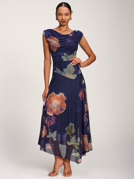 Jolie Moi Asymmetrical Draped Mesh Floral Maxi Dress, Navy, Navy
