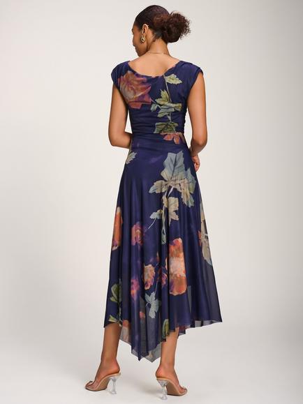 Jolie Moi Asymmetrical Draped Mesh Floral Maxi Dress, Navy - view 2, Navy