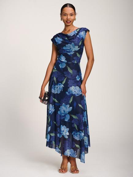Jolie Moi Floral Print Draped Maxi Dress, Navy/Multi