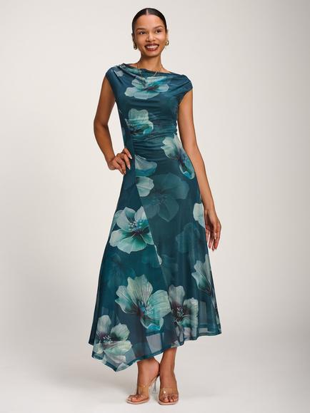 Jolie Moi Floral Draped Asymmetric Mesh Dress, Teal