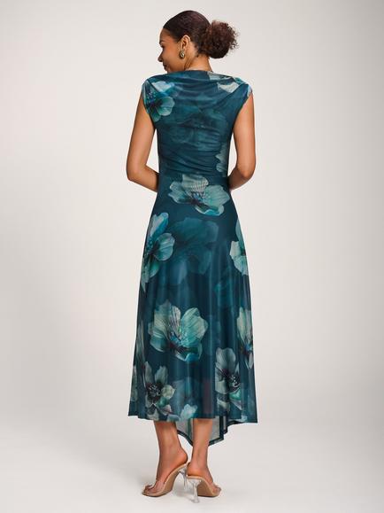 Jolie Moi Floral Draped Asymmetric Mesh Dress - view 2, Teal