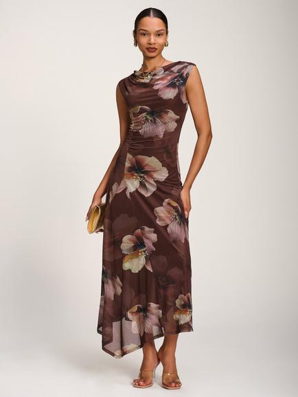 Jolie Moi Floral Draped Asymmetric Mesh Dress, Brown