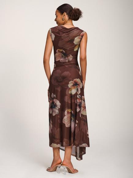 Jolie Moi Floral Draped Asymmetric Mesh Dress - view 2, Brown