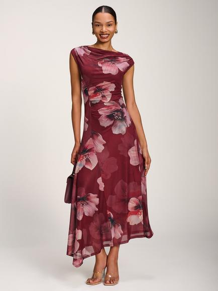 Jolie Moi Floral Draped Asymmetric Mesh Dress, Burgundy