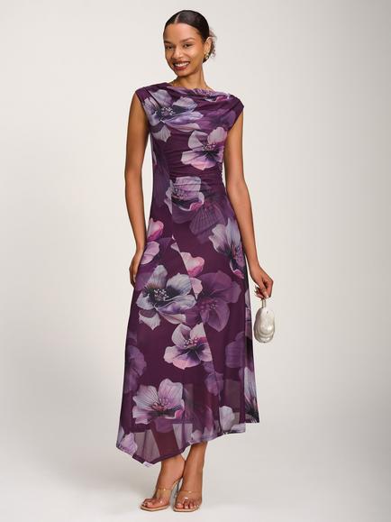 Jolie Moi Floral Draped Asymmetric Mesh Dress, Purple